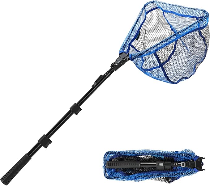 SANLIKE Fishing Net Folding Landing Net with Extra Long Telescoping Pole Handle, 37-98.4inch Rubber Coated Fishing Net for Easy Catch Release, Fish Net for Kids and Adults, 98.4"/ 71"/ 50.4"/ 43"/ 37"