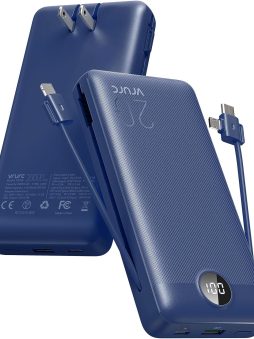 VRURC Portable Charger 20000mAh, Fast Charging Power Bank USB C,4 Output 2 Input Travel Essentials Charging Bank Equipped with LED Display,Built-in Wall Plug and Cables,Phone Charger Battery,Navy